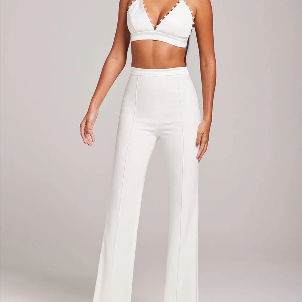 NADINE MERABI White High-Waisted Wide-Leg Trousers